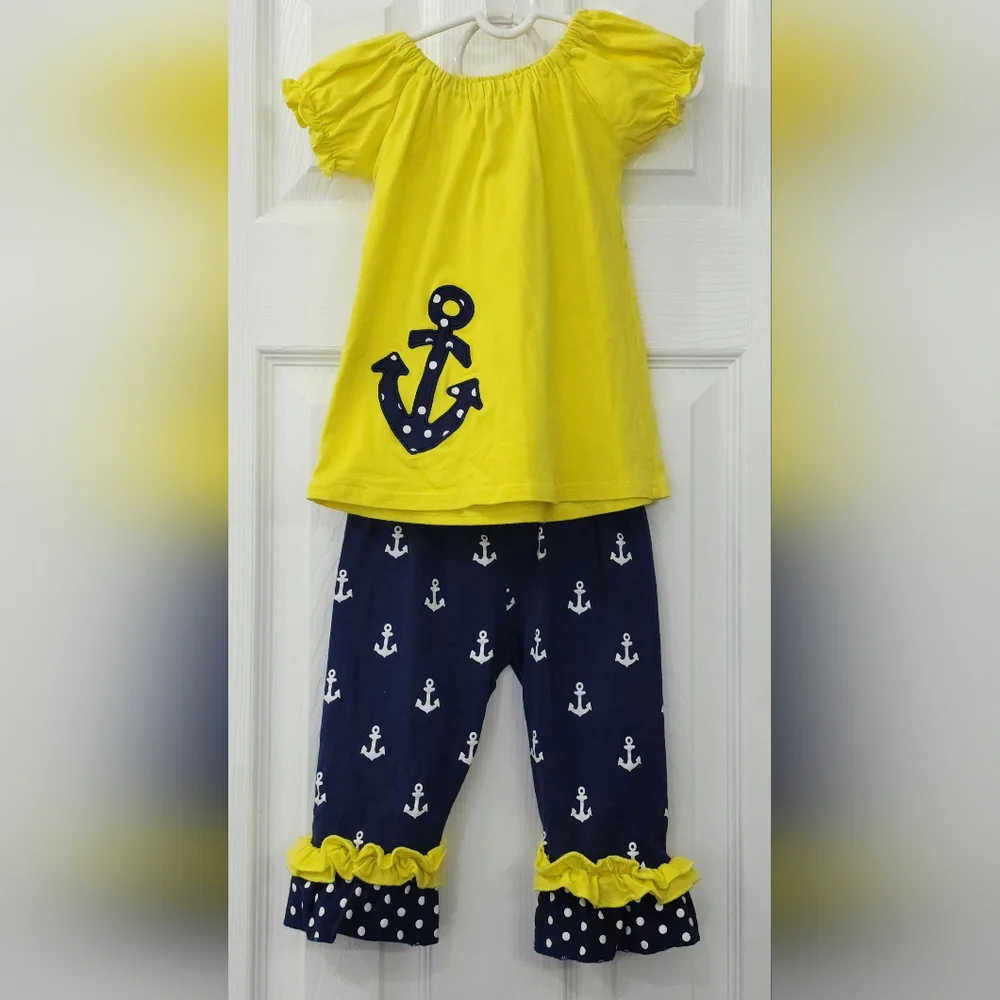 Yellow and Navy Anchor Kids Outfit Size: 3T